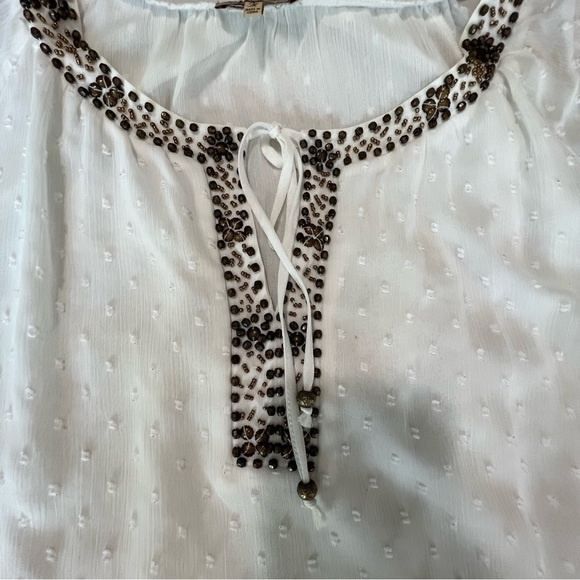 Democracy Peasant Blouse Womens Medium Off Wite Tassel Embroidered Sheer - Picture 3 of 12